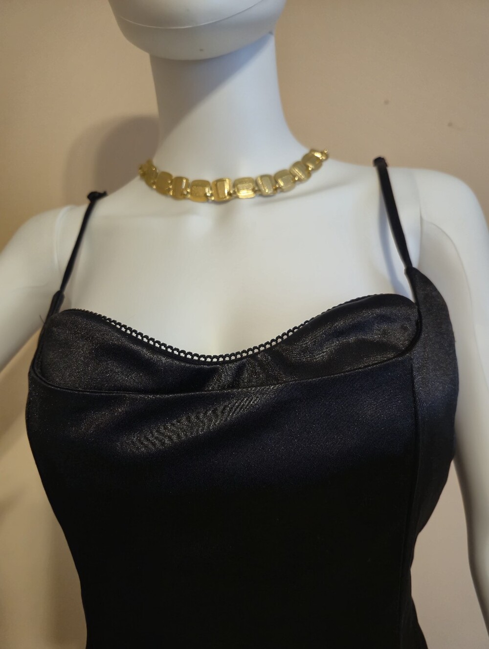Black Satin Mini Slip Dress with Delicate Straps - Picture 2 of 5